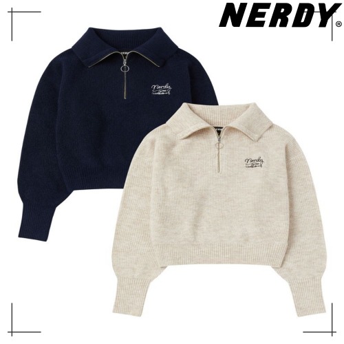 NERDY公式 ジッパー トップス Womens Lovely Letter Wool Blended Half Zip-Up Sweater
