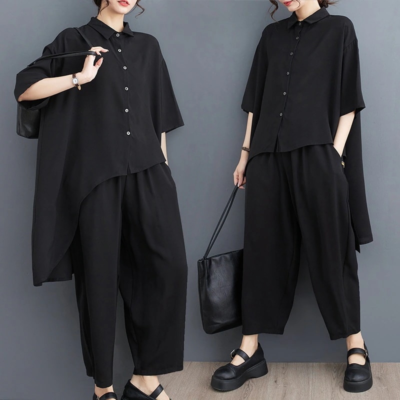 【お勧め商品】「ファットガール今週の割引は 25% オフです」ブラウス＋7分丈パンツ 夏 上下セット お尻すぽっり 体型カバー 着痩せ ゆったり 大きいサイズ セットアップ ママスーツ ジャージ 卒業