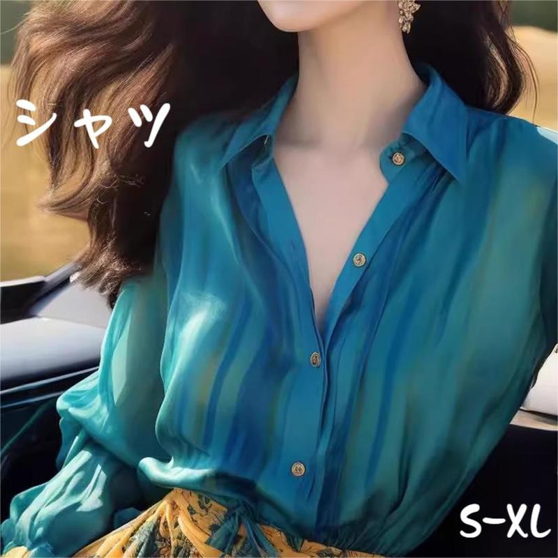 デザインシャー ボタンシャツ ブラウス トップス 長袖 大人 ゆったり 透け感 青色 春 秋 夏 シャツ きれいめ おしゃれ 大人可愛い シアー ワッシャー シフォンブラウス 光沢 羽織り レディース 6,104円