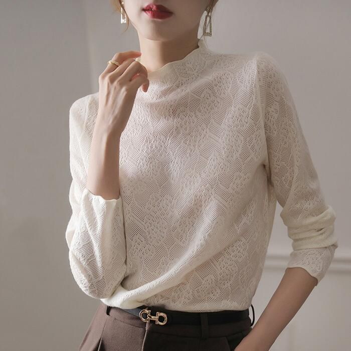 秋 ニット 透け感 プルオーバー 長袖 レース ブラック 30代 ス カットソー 50代 40代 カジュアル 白 重ね着 フェミニン レディース ホワイト 黒 エレガント 春 大人 ハイネック インナ