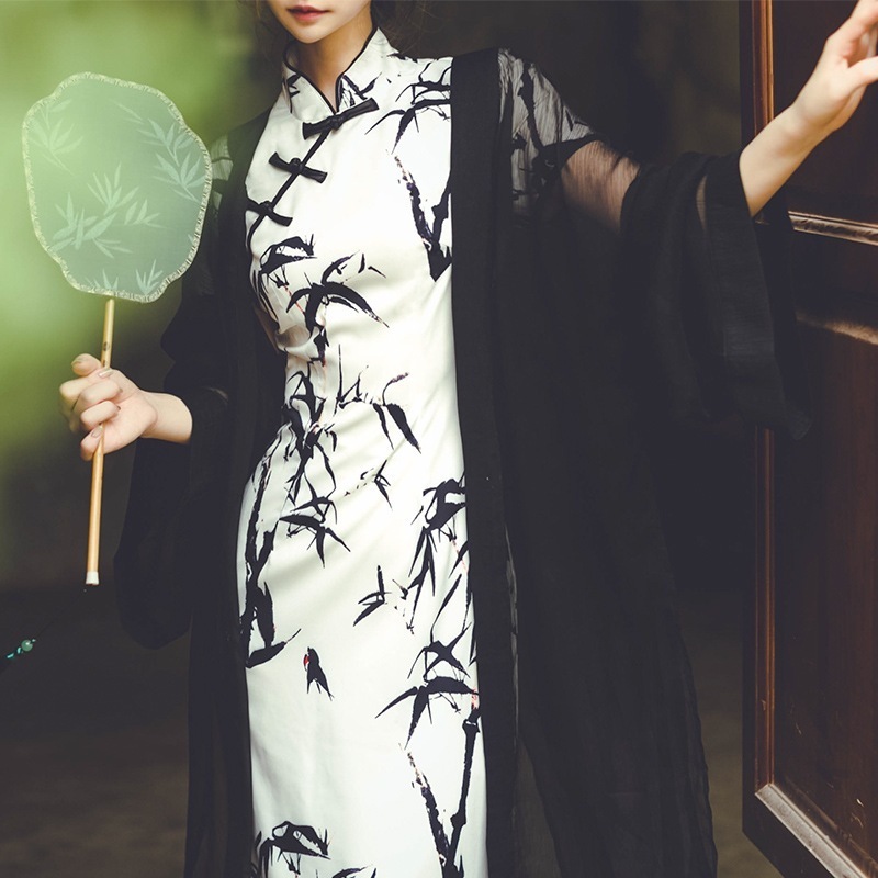 チャイナドレス ロング 墨竹プリント シフォンワンピ スリット 半袖ワンピース チャイナ服 普段着 腰括れ