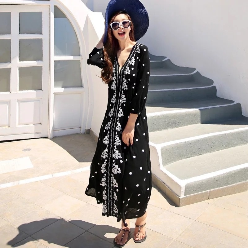 好きに 通学 Sale 春夏 19 1601 花柄刺繍ロングワンピース ブラック 大人可愛い カフェ ランチ 女子会 ショッピング カジュアル ボヘミアン プリント 柄ワンピ サイズ Xl Build Standishsmiles Com