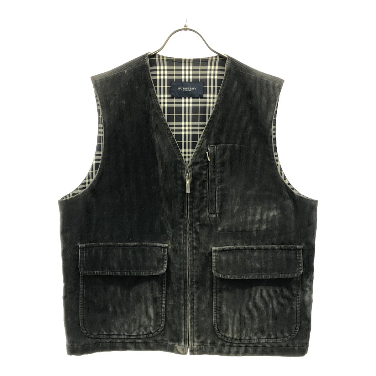 BURBERRY LONDON バーバリーロンドン 日本製 三陽商会 コーデュロイ ジップ ベスト F グレー 裏チェック メンズ 古着