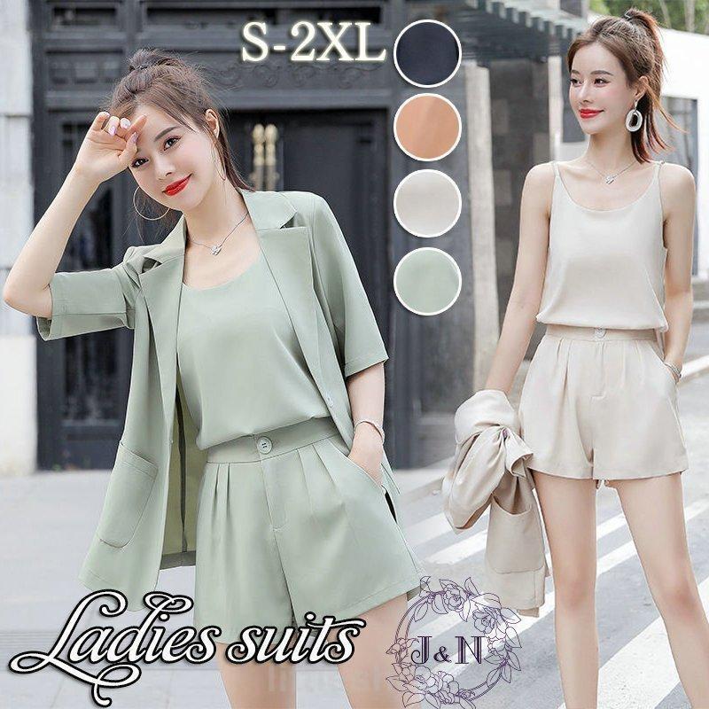 （良い品質の部屋着）セットアップ レディース 夏 ジャケット ブレザー キャミ スーツ ショートパンツ 3点セット おしゃれ ウェストゴム ワイドパンツ オフィスOL 20代30代40代