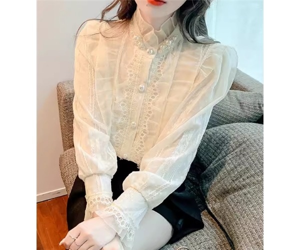 レディース トップス シャツ ミドル丈 長袖 スタンドカラー ストレート フェミニン レース シフォン フリル 異国風 ボタン パール ビーズ パールボタン かわいい 大人可愛い きれいめ カジュアル