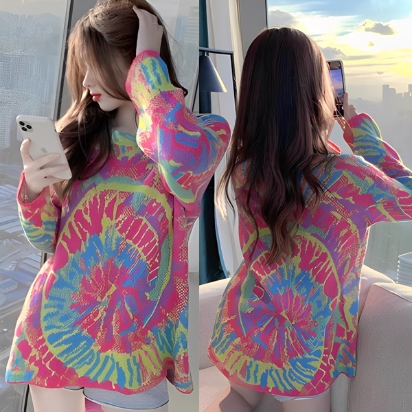 カラフルな絞り染めセーター レディース トップス ニット セーター プルオーバー アウター ウール ロング 長袖 ラウンドネック ストレート スマート フェミニン リブニット 伸縮性 バイカラー