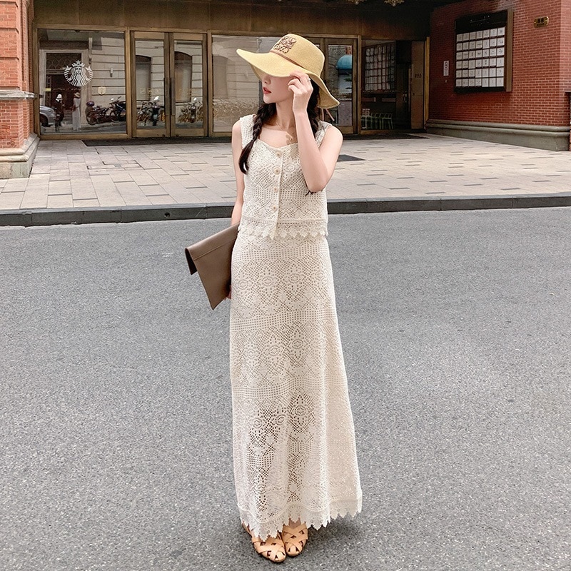 実際の撮影休日スタイルフレンチレースドレスセットドレス女性夏の新しいビーチドレスノースリーブ気質ツーピースセット