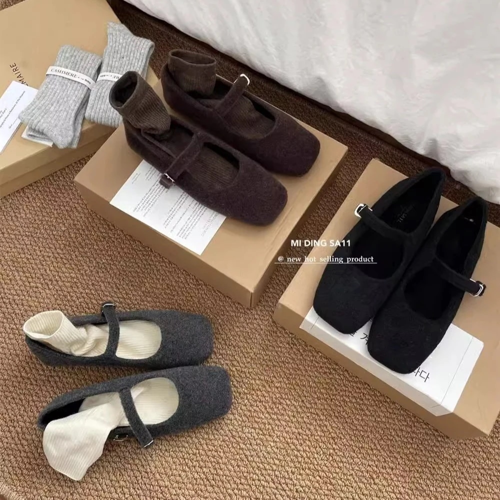 ソフトフリースバージョン～秋冬新作のフリース裏地ウールフラットシューズ（レディース）韓国風万能スクエアトゥワンストラップメリージェーンシューズ