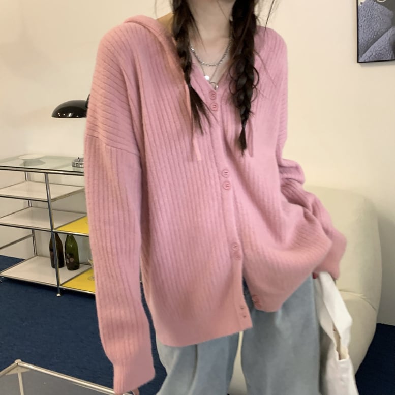 4color レディース ニットパーカー フーディ リブニット フード付けニットカーディガン