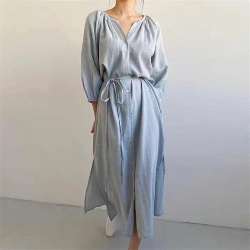 2023夏 新作 おしゃれ シングルブレスト ウエスト引き締め ワンピース ロング丈 綿麻 シャツワンピース 着痩せ 気質チュニック 韓国ファッション ノースリーブワンピースンワンピース