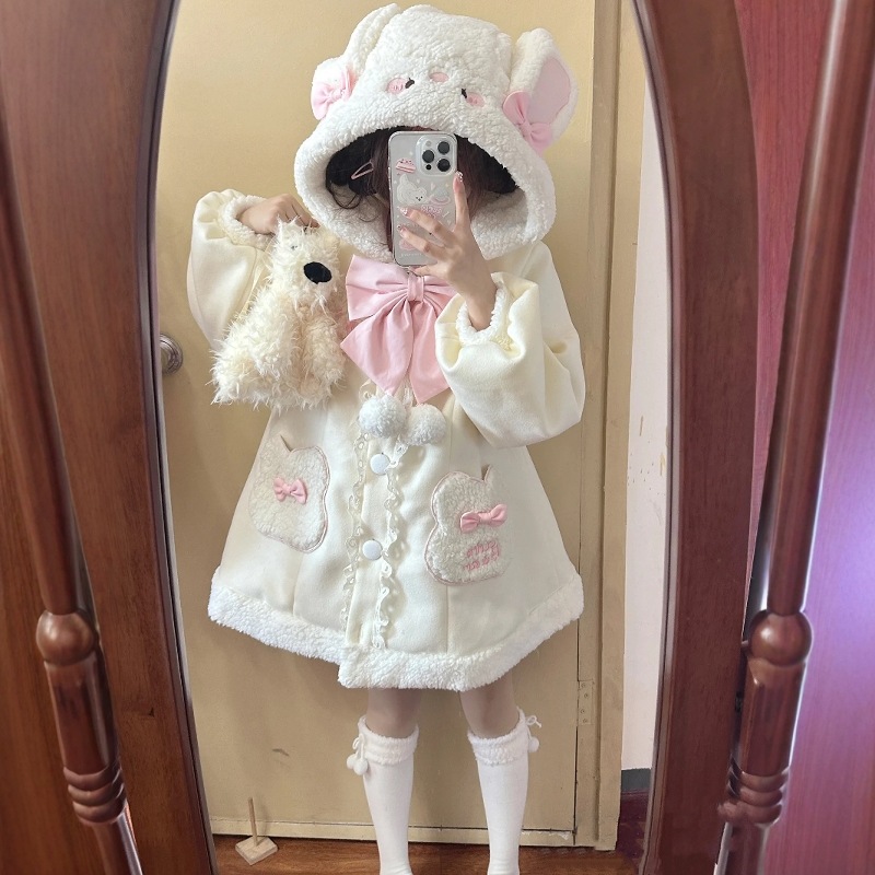 Lolita冬季加绒保暖外套洛丽塔宽松可爱兔耳朵棉服毛绒狗甜美大衣