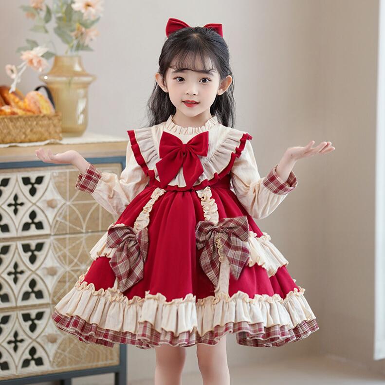 【新作登場 最安値】子供ロリータ服 キッズ長袖ワンピース ロリータワンピース 甘ロリータ チェック柄 姫様ドレス 子供コスチューム ドレス 女の子 可愛いコスチューム ゴスロリ コスプレ衣装 ハロウィ