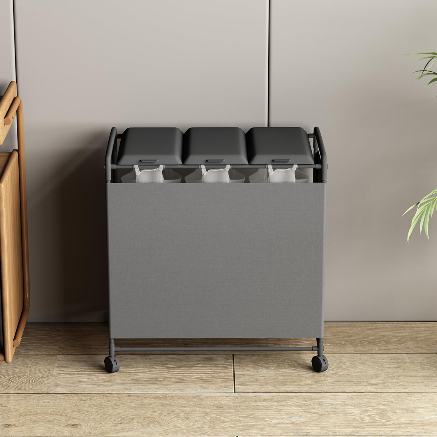 目隠し 分別ダストワゴン 3分別 大容量 ゴミ袋ホルダー ゴミ袋スタンド タワーゴミ箱 キャスター付き ダストボックス おしゃれ フタ付きゴミ箱 (ブラック)