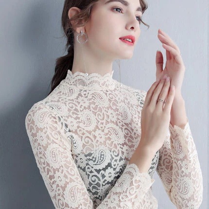 レースカットソー トップス カットソー 袖あり 長袖 ハイネック レース 透け感 シースルー ポリエステル かわいい 大人可愛い きれいめ シンプル カジュアル 大人 上品 おしゃれ お洒落