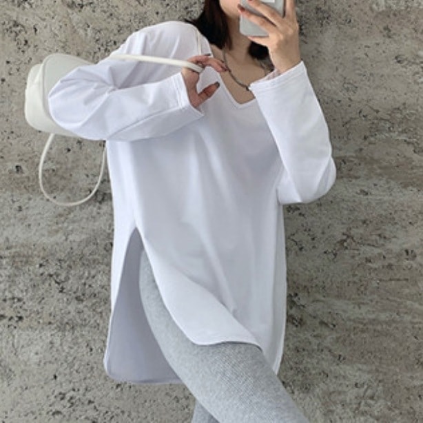 トップス デート かわいい 大人可愛い きれいめ シンプル カジュアル 大人 上品 おしゃれ お洒落 長袖 カットソー Vネック 無地 ホワイト スリット XL 公園 ママ マタニティ レイヤード