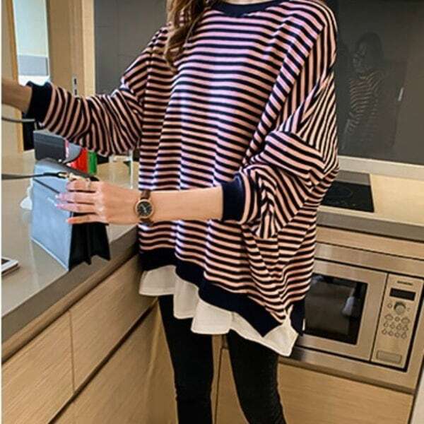 レディース ロンT プルオーバー Tシャツ 長袖 ドルマンスリーブ ドロップショルダー ラウンドネック 襟なし サイドスリット 薄手 かわいい 大人可愛い カジュアル ラフ ガーリー ボーダー