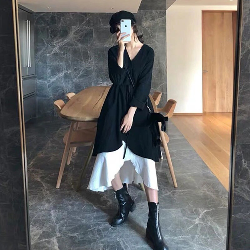 セットアップ ワンピース キャミワンピ 2点セット キャミソールワンピース ツーピース 長袖 袖あり バイカラー Vネック フロントボタン ハイウエスト 袖なし レイヤード コーデ 重ね着 ひざ下