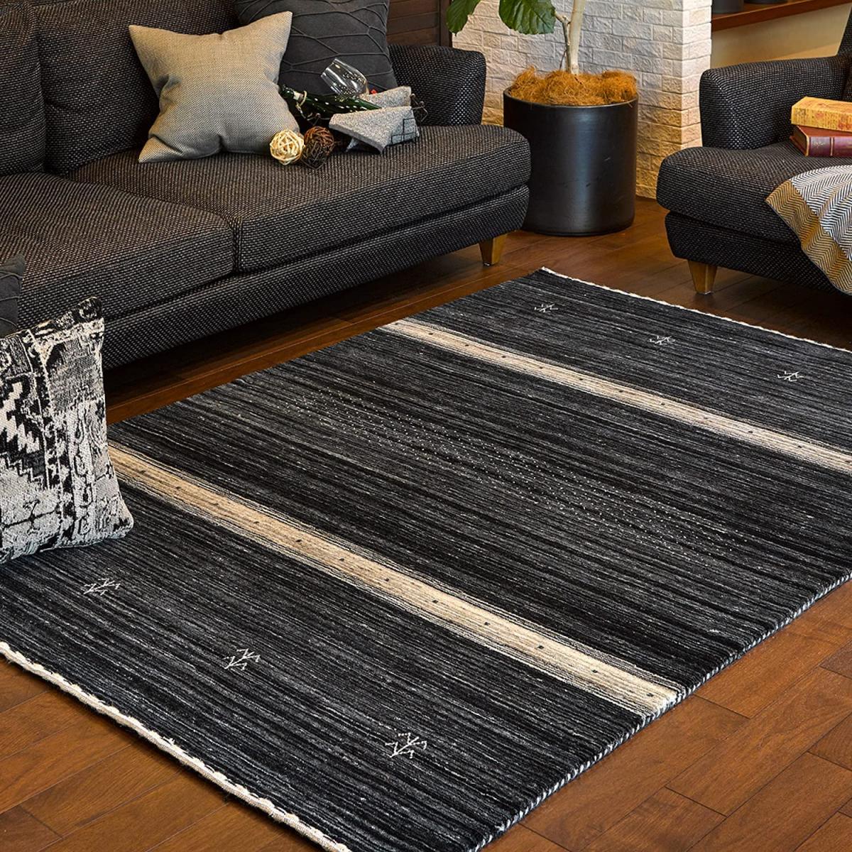 萩原 マット ブラック 約140×200cm ギャッベ「LORRI BUFFD L17」 ラグ ラグマット ウール じゅうたん オールシーズン