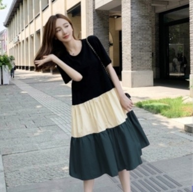 裾切り替えワンピース ワンピース フレアワンピース 膝丈 ひざ丈 袖あり 半袖 ラウンドネック