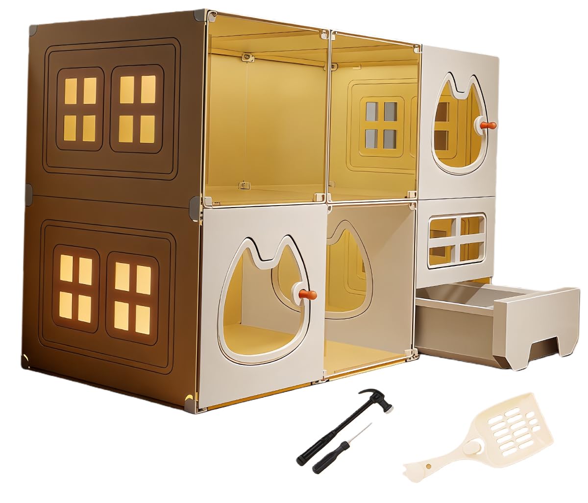 猫 ケージ 2段3列 キャットケージ 大型 引き出し式トイレ付き 透明引き戸 ロック可能 脱出防止 多頭飼い スリム設計 通気性良好 掃除しやすい 室内用 おしゃれ ホワイト（105 x 35 x 7