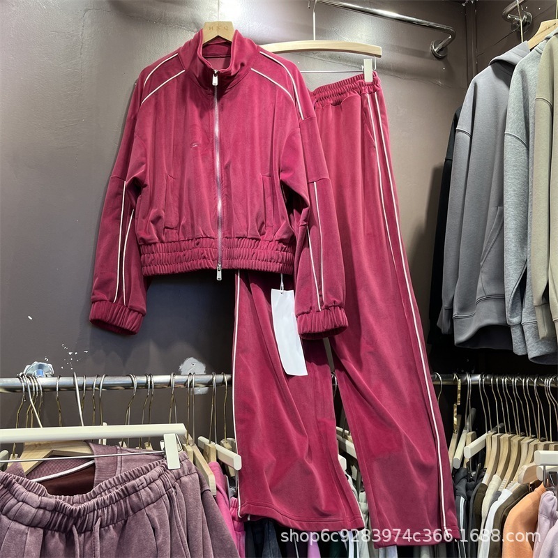 レトロベルベットセータージャケットカジュアルスポーツスーツレディース2024秋デザイントップスワイドレッグパンツ
