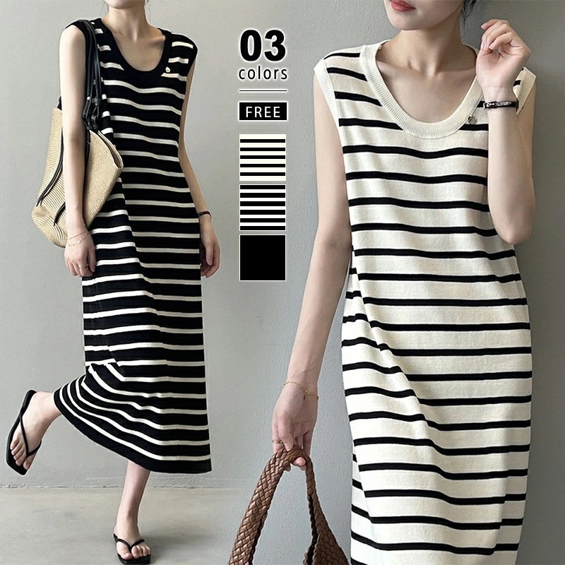 [迅速な配達][限時割!引!]ノースリーブワンピース ボーダー ノースリーブ ワンピース 夏 レディース サマーニット ボーダーワンピース ロング ニットワンピース ロングワンピース カジュアル 着痩