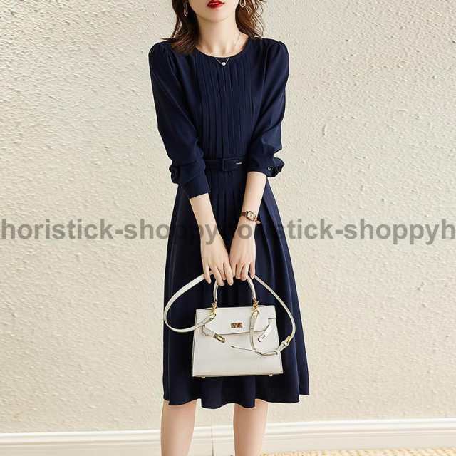 ワンピース レディース 通勤 フォーマル オフィス 長袖 プリーツ切替 きれいめ フレア Aライン 付属ベルトあり