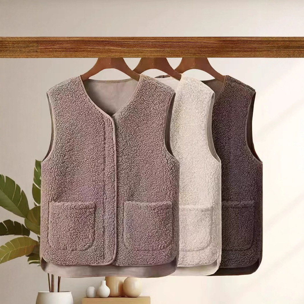 10個セット 秋冬ラムウールベストアウター防寒フリース裏地付き女性用皮毛一体