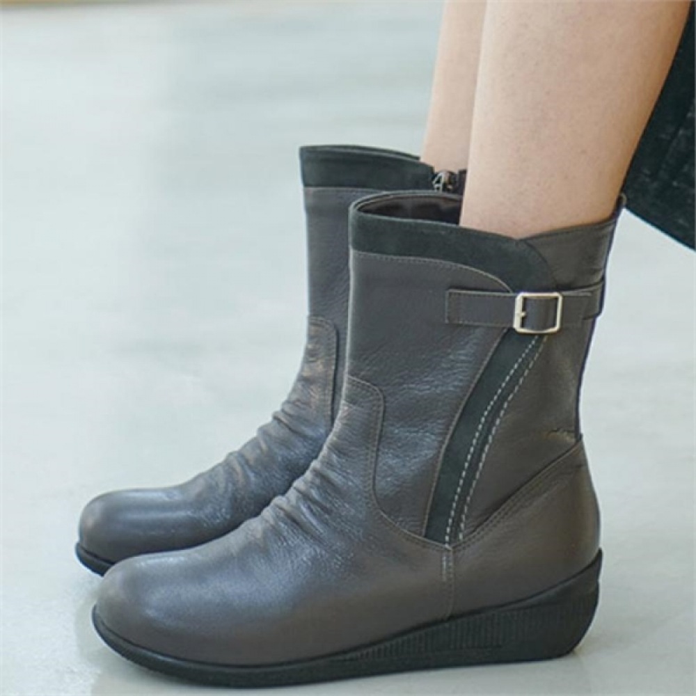 (Ninaspari) ラウンドトゥレザーバルク装飾快適ミドルブーツ (0K987) 8,512円