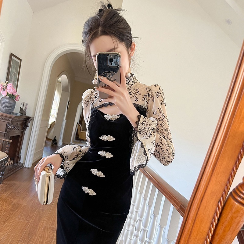 【激安】新しい中国風チャイナドレス 2025 冬中国風デザイン中空ベルベットヒップドレス 30716-Q250419-3233