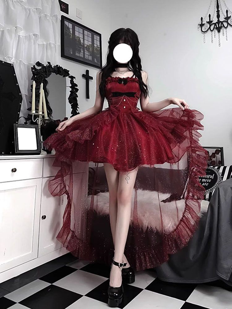 レッドドレス ライトドレス プリンセスドレス ロリータ キュート スウィート スーパー 微ラメ ロリータ トレーリングチュチュスカート