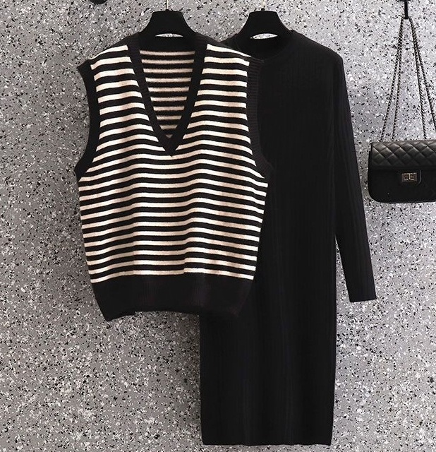 【人気沸騰】 カジュアル ノースリーブ Vネック プルオーバー ボーダー バスト シンプル 長袖 すね丈 ワンピース セットアップ 2点セット レディース 秋冬