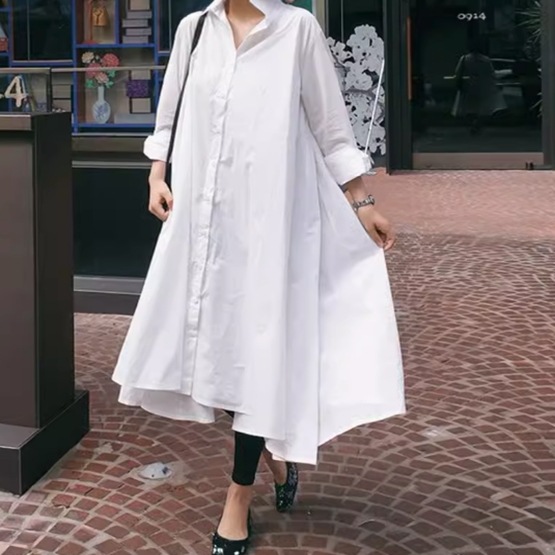ワンピース レディース 前開き 丈長 長袖 襟付き 角襟 ワイド フレア フェミニン 薄手 シンプル カジュアル 上品 おしゃれ かっこいい こなれ感 ラフ 個性的 クール モード系 モダン 主役級 6,777円