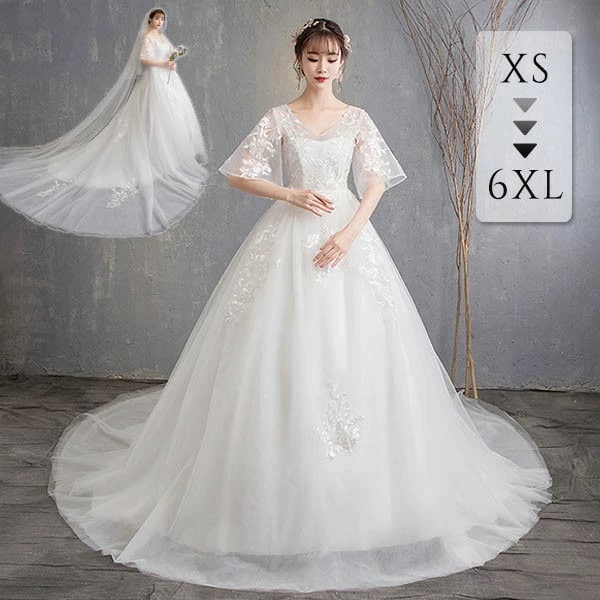 即納可能ウェディングドレス ロングドレス セットアップ パニエ 手袋 ベール付き 妊娠ドレス 妊婦さんOK Vネック トレーンドレス 背中開き フレアスリーブ Aライン 花嫁 結婚式 披露宴 お呼ばれ