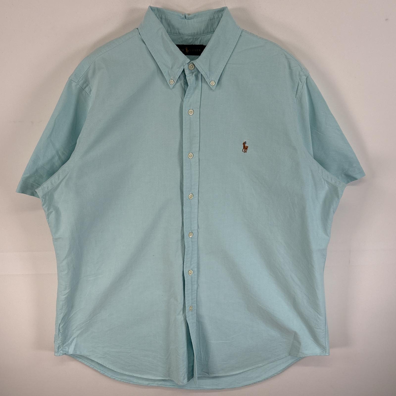 古着 半袖シャツ ワンポイント ロゴ 刺繍 大きいサイズ ボタンダウンシャツ XL 水色 無地 メンズ