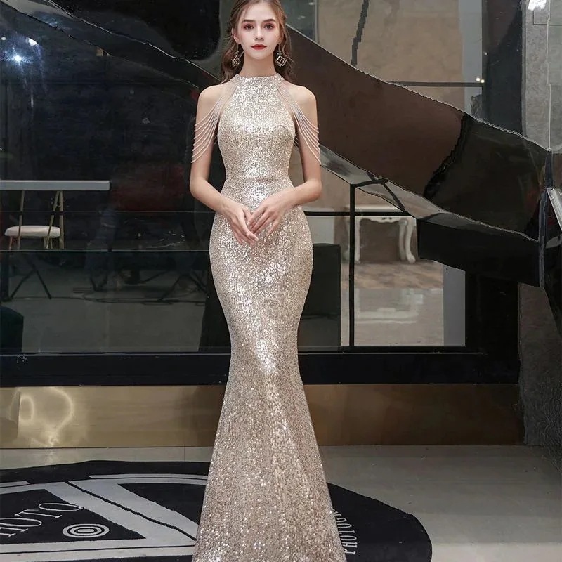 高貴な気質ショルダータッセルゴールデンマーメイドホストロングセクション 2023 愛されドッキングワンピース バンケットイブニングドレス女性 ドレス 便利！2wayワンピース 福袋