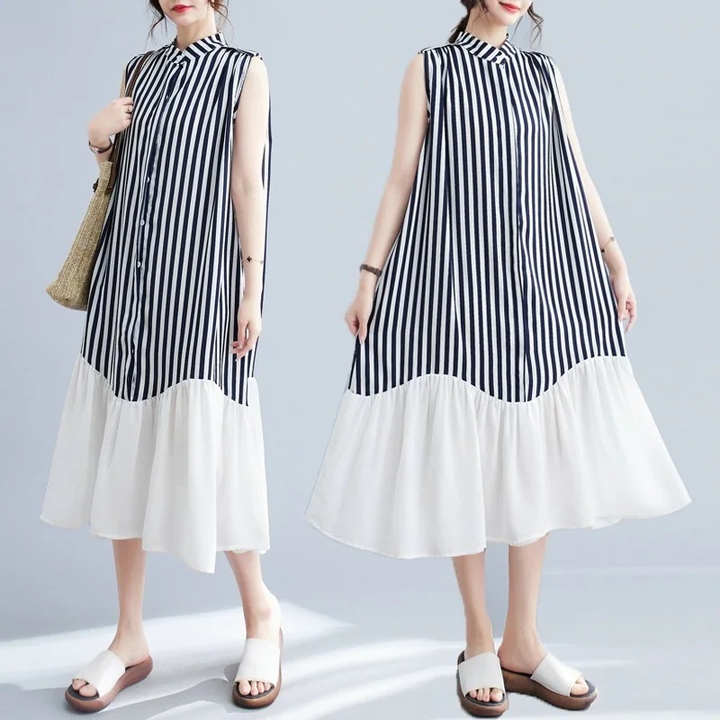 ファットマミー大きいサイズの夏服2024夏の新型しま袖なしロングワンピース