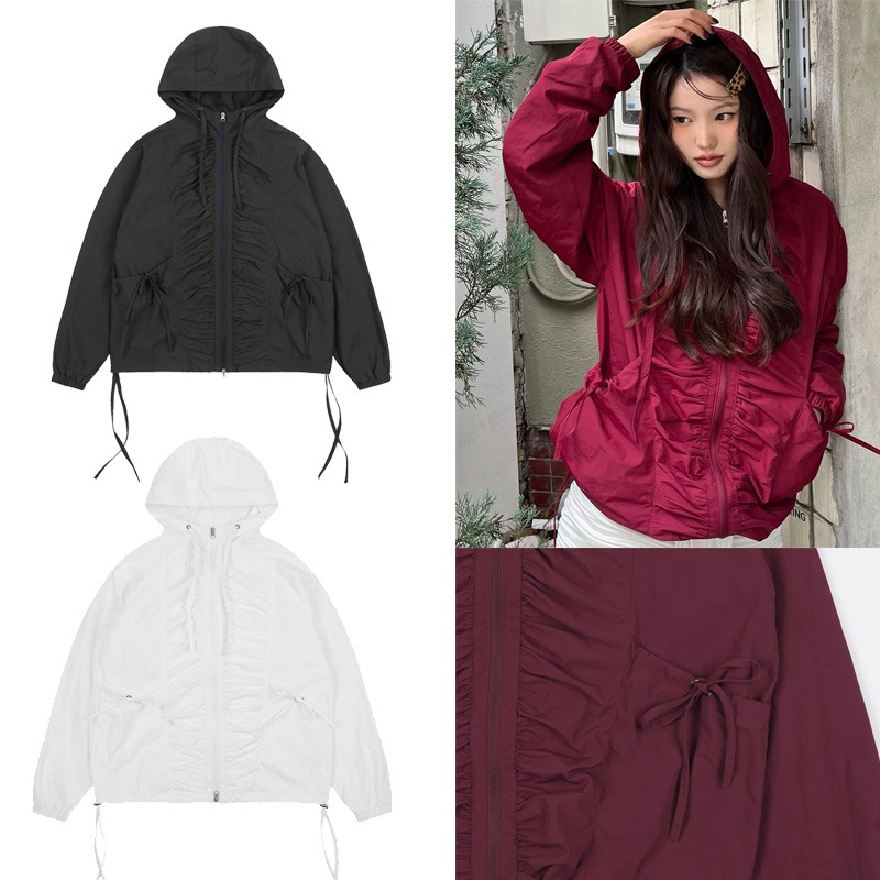 [RIBBON SHIRRING WINDBREAKER] リボンシャーリングウィンドブレーカー / BURGUNDY_CHARCOAL _IVORY