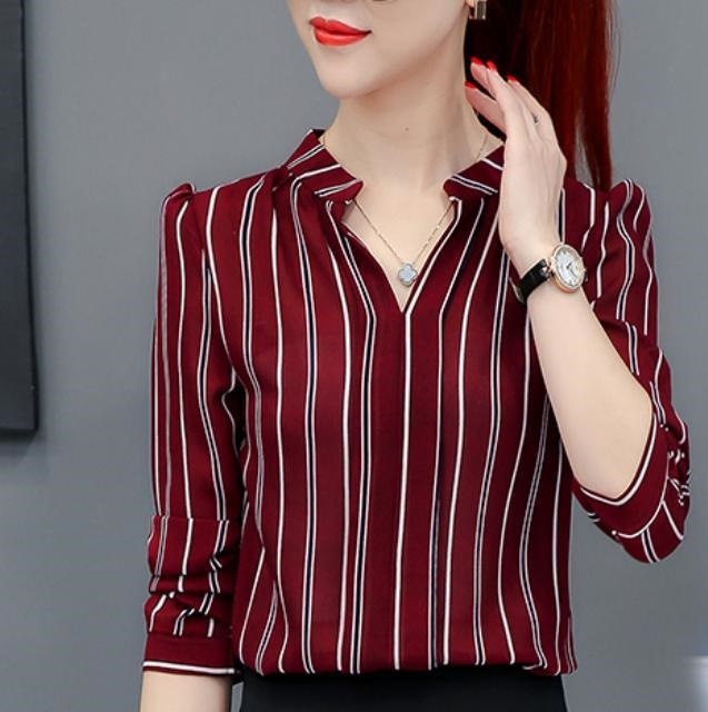 2299.ストライプ柄とろみシャツブラウス(レッド) 2019 春夏 新作 大人 かわいい カジュアル きれいめ フェミニン OL 20代 30代 デート服 女子会 通勤 通学 100,000円