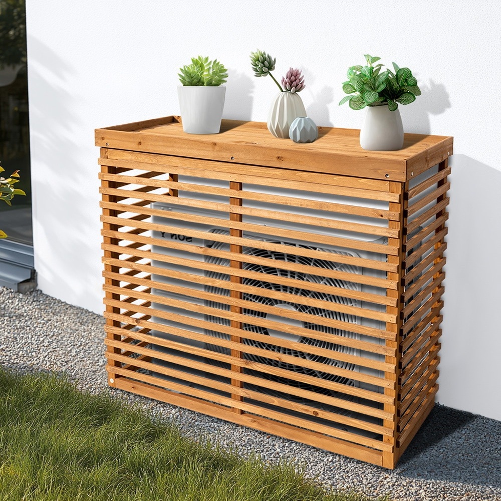 【国内即日発送】【収納庫なし】エアコン室外機カバー 天然木 エアコン 日よけ 棚 収納 ラック 室外機カバー ワイド 目隠し ベランダ 庭 屋外 雪 除け おしゃれ【ナチュラルブラウン】