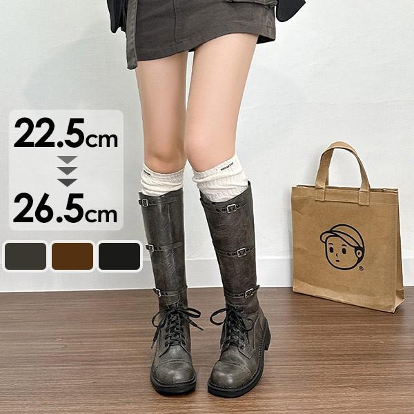 ()ブーツ レディースブーツ 厚底靴 PU 太ヒール 編み上げ レースアップ ローヒール 黒 ロングブーツ バックファスナー 美脚 ファッション 大きいサイズ 秋 冬 春