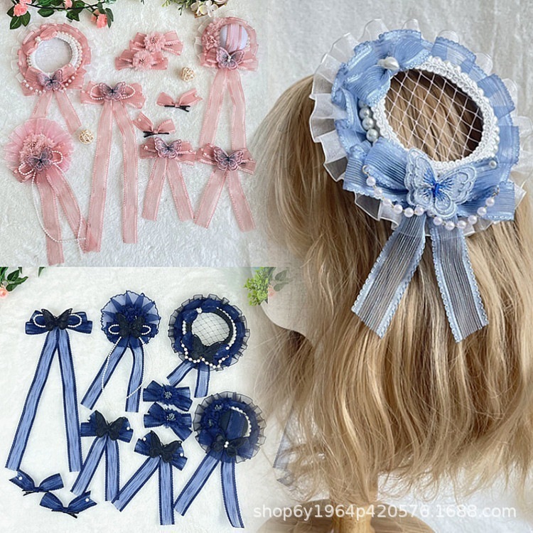 ブルー深海ロリータレースヘアアクセサリーピンクパープルフラワーピルトップハットロリータ蝶リボンク