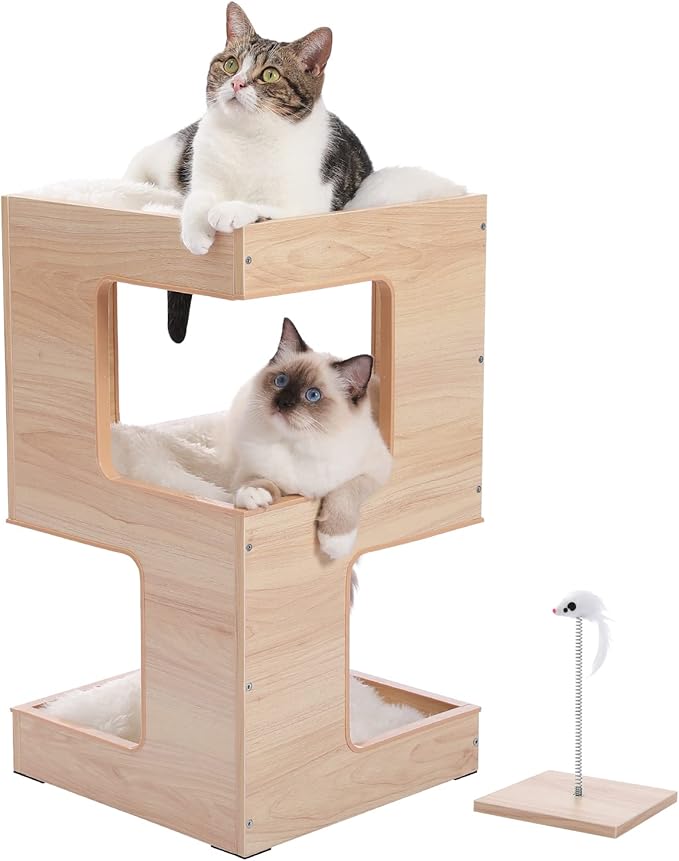 PETEPELA(ぺテぺラ) キャットタワー 猫ベッド 木製 木目調 三階 3層 おもちゃ