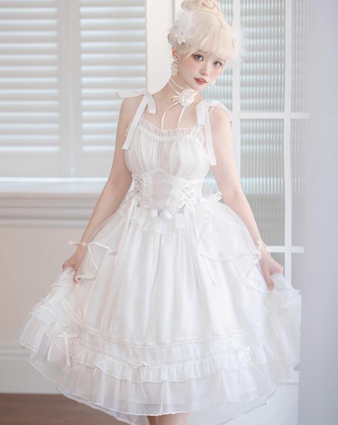 新商品登場Lolita ロリータドレス かわいい ジャンスカ ミモレ丈 ロング丈 ジャンパースカート ダンス 姫様 ゴージャス ワンピース レース リボン フリル 可愛い レディース ドレス 衣装 パ