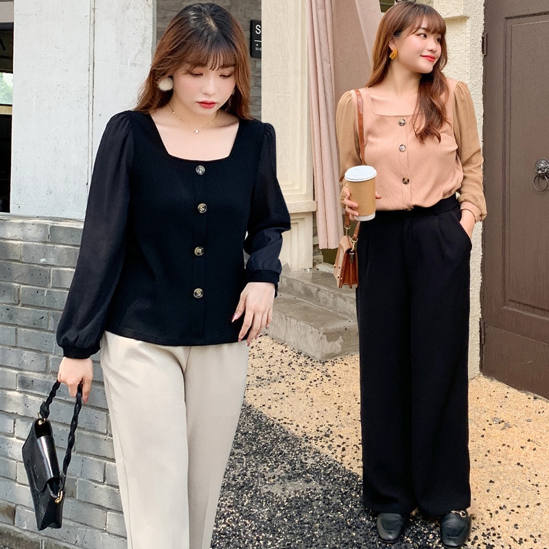 5L 4L 秋冬 韓国 大きいサイズ 長袖ニットトップス レディースシャツブラウス タイト ストレッチ 30代 40代 50代 60代フランス式の鎖骨の上着の大きいサイズの婦人服はやせています 6,052円