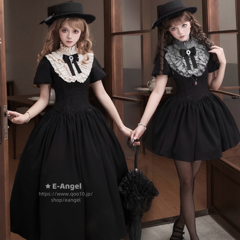 クラシカルロリータワンピース ロング ミニ丈 コスプレ スクエアネック ワンピース 半袖 夏 春 かわいい レトロ ドレス DIY マッチング襟/スリーブ ゴシック 宮廷 パフスリーブ コスチューム