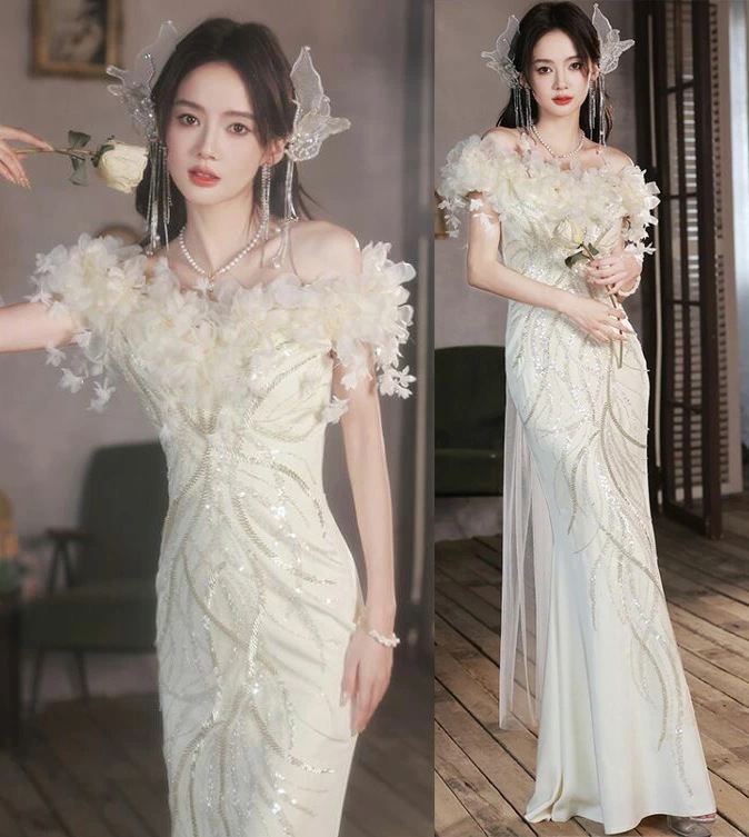 お花嫁ドレス レディース ウェディングドレス マーメイド パーティードレス きれいめ イブイングドレス 披露宴ドレス 二次会 演奏会 司会 舞台 ピアノ発表会 フォーマルドレス 誕生日会 可愛い ワン