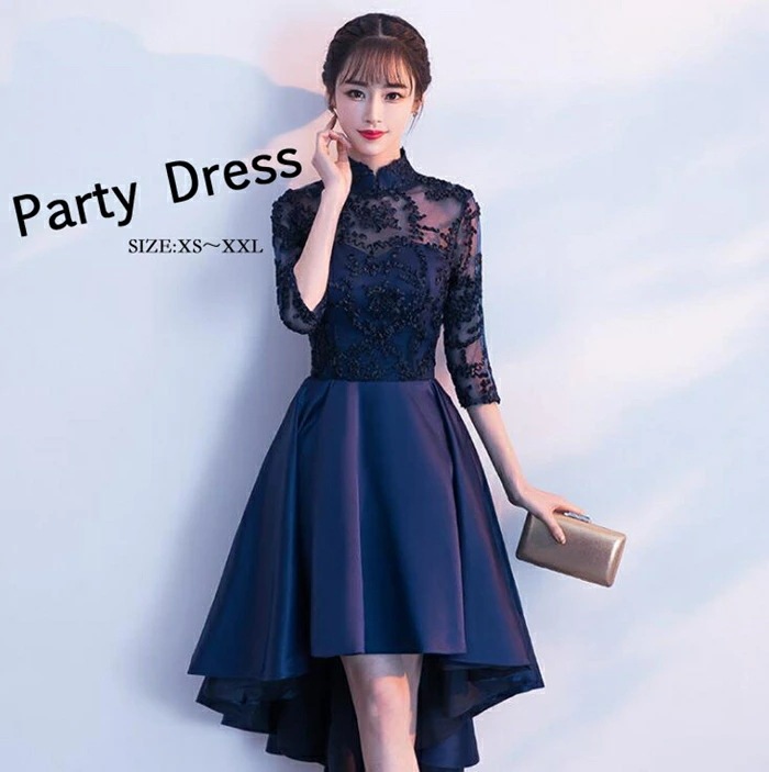 【即納】パーティードレス 結婚式 ワンピース アシンメトリードレス チャイナドレス パーティードレス 結婚式ドレス 袖あり 刺繍 ウエディングドレス ミモレ丈 大きいサイズ 大人 上品 お呼ばれ 二次