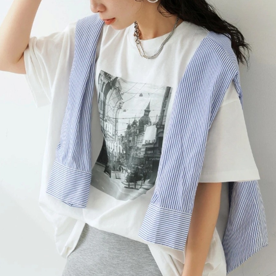 トップス カットソー Tシャツ プリントTシャツ 半袖 クルーネック プルオーバー ミディアム丈 可愛い かわいい 大人可愛い きれいめ シンプル 上品 おしゃれ かっこいい カジュアル こなれ感