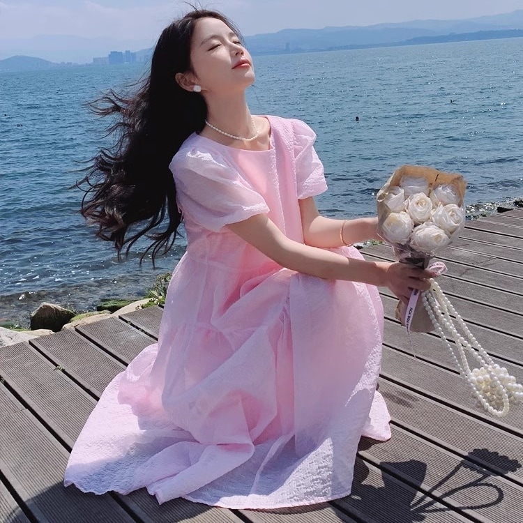 ワンピース レディース スカート ロング丈 無地 襟なし 袖あり 半袖 膝下 パフスリーブ バルーンスリーブ ハイウエスト シフォン 涼し気 透け感 やわらかい 体型カバー Aライン ゆったり